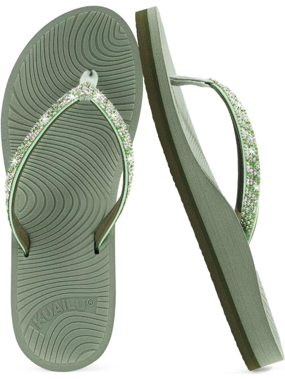 🆕Women's Green Rhinestone Flip Flops Arch Support Yoga Mat Cushion Sandals